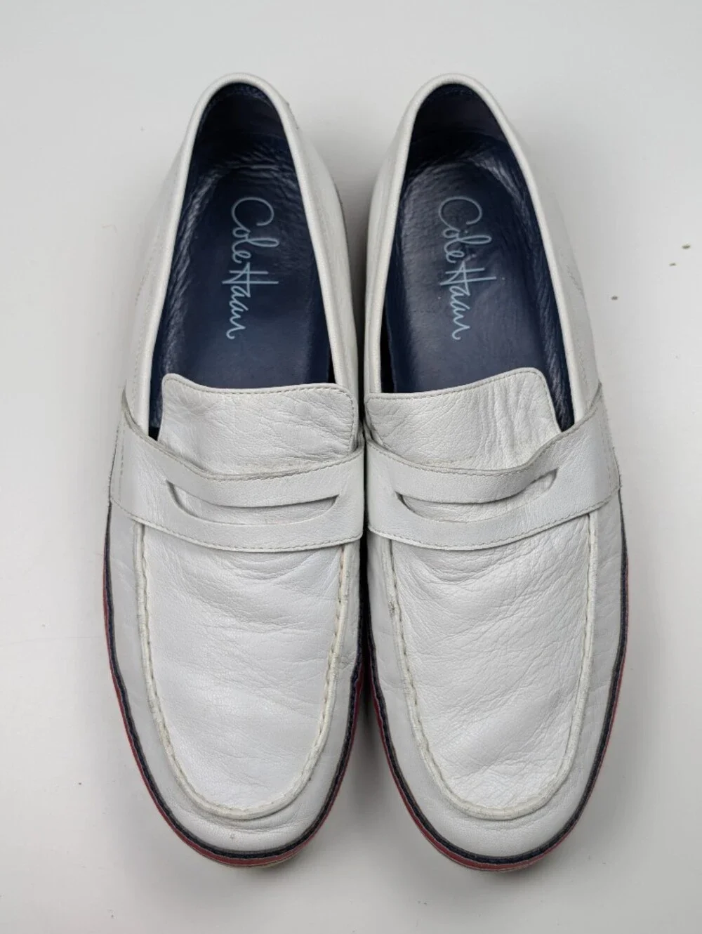 Cole Haan Nike Air Mens White Leather Penny Loafers Stripe Driver Size 10 M